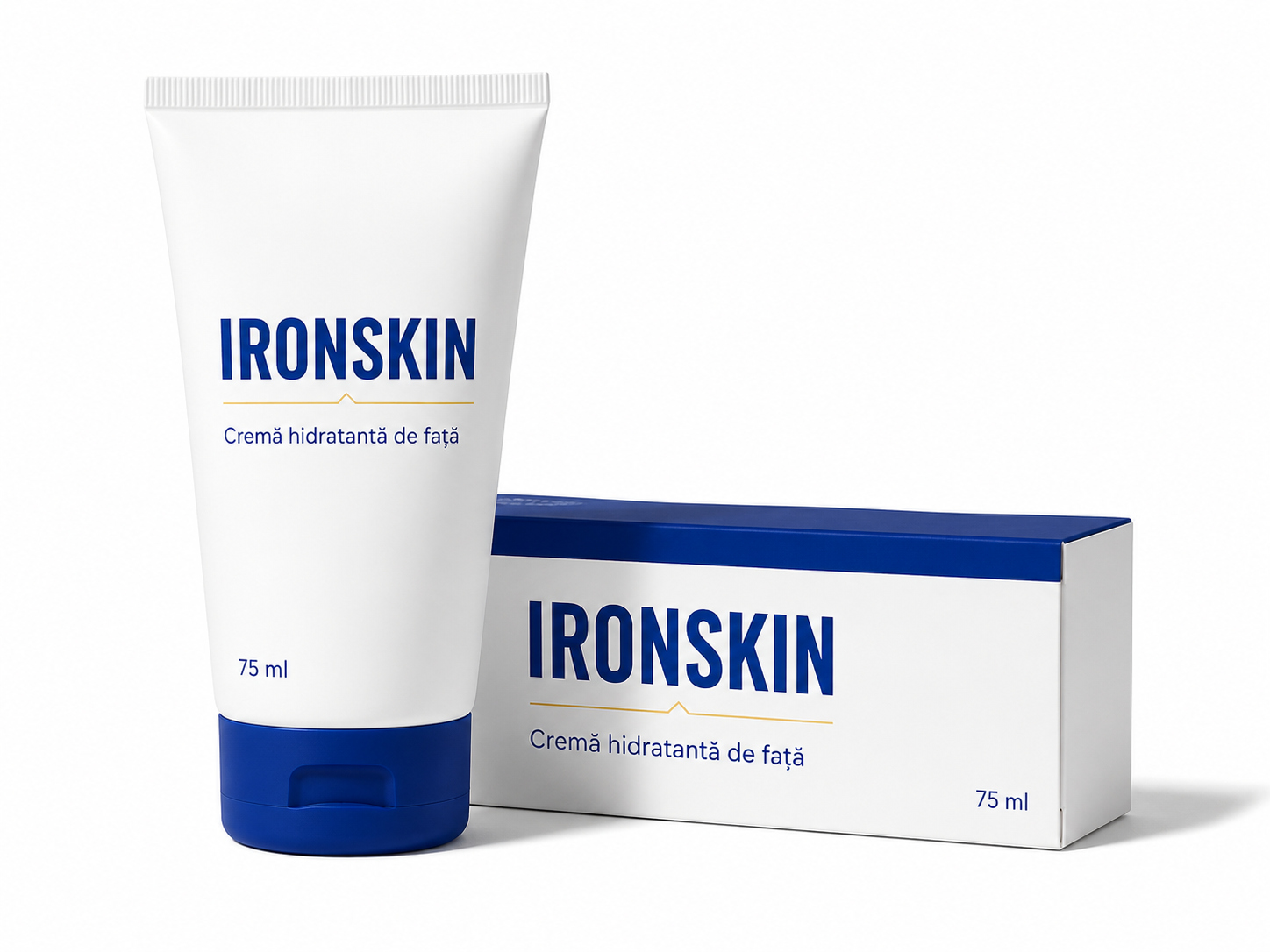 Tub de cremă hidratantă IRONSKIN de 75 ml și cutia de carton pe fundal alb